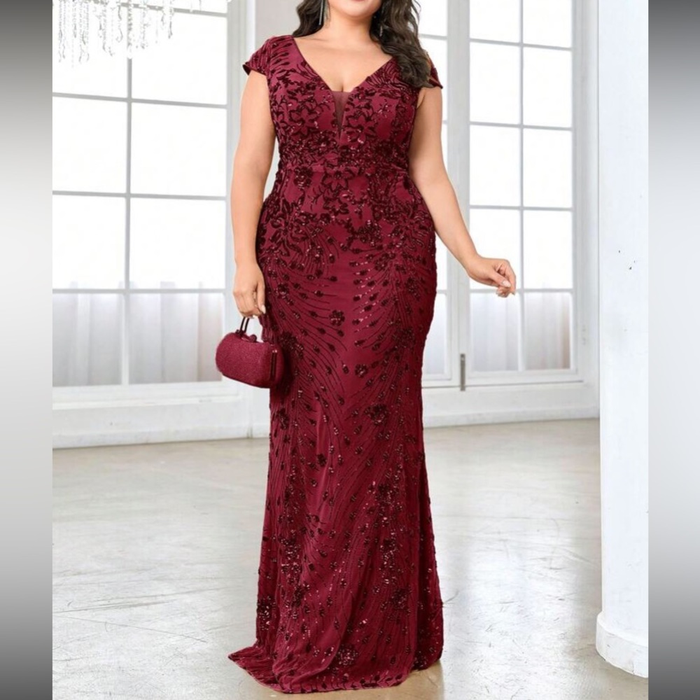 Luxe Plus V Neck Sequin Formal Evening Party Dress